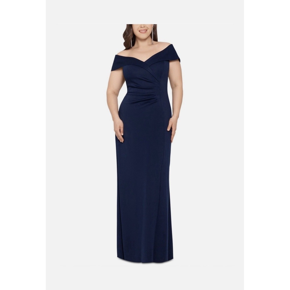 Xscape XC187 Navy Off Shoulder Formal Gown Long Ruched Evening Dress Size 4 NWT